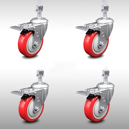 Service Caster 4 Inch SS Red Polyurethane 12mm Threaded Stem Caster Set Total Lock Brake SCC-SSTSTTL20S414-PPUB-RED-M1215-4